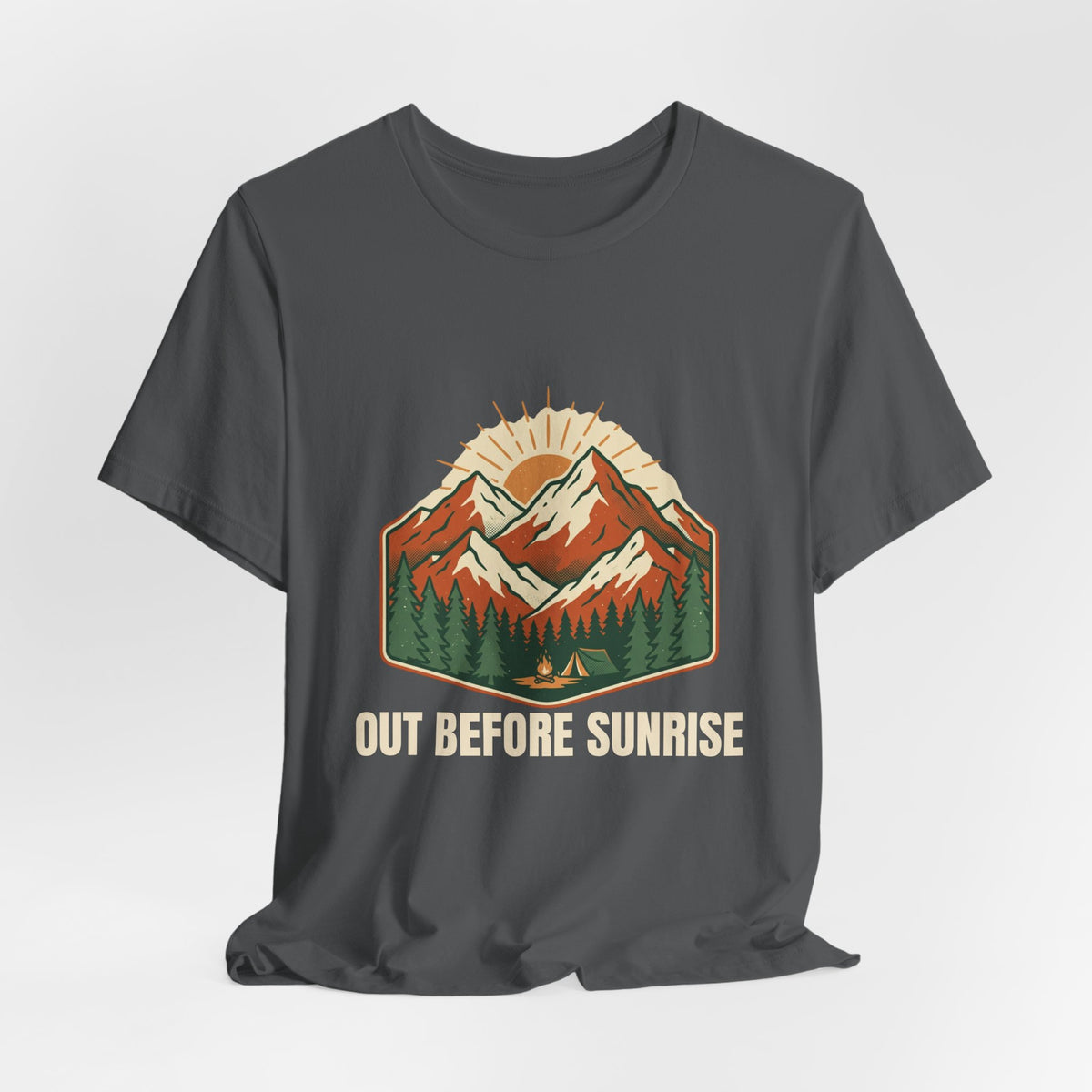 Asphalt Mountain Sunrise Tee laid flat, showing the Out Before Sunrise graphic