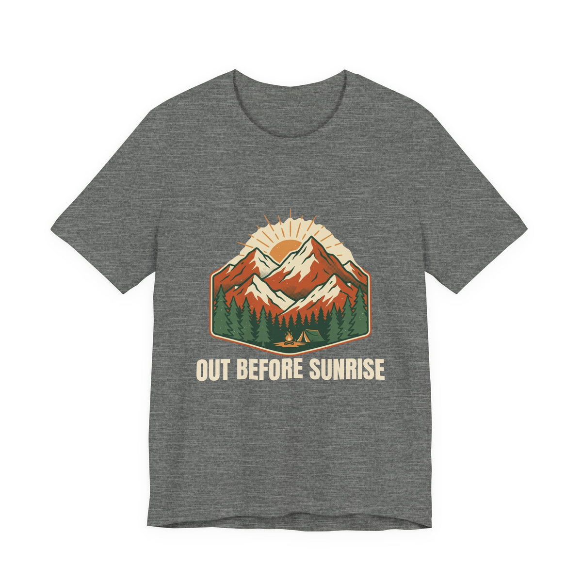 Mountain Sunrise Tee in Deep Heather, front view with a retro mountain sunrise and evergreen graphic above the words 'Out Before Sunrise'