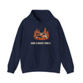 Home Is Where I Park It Hoodie in Navy, front view with a camper van in the pines above the words 'Home Is Where I Park It.'