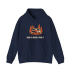 Home Is Where I Park It Hoodie in Navy, front view with a camper van in the pines above the words 'Home Is Where I Park It.'