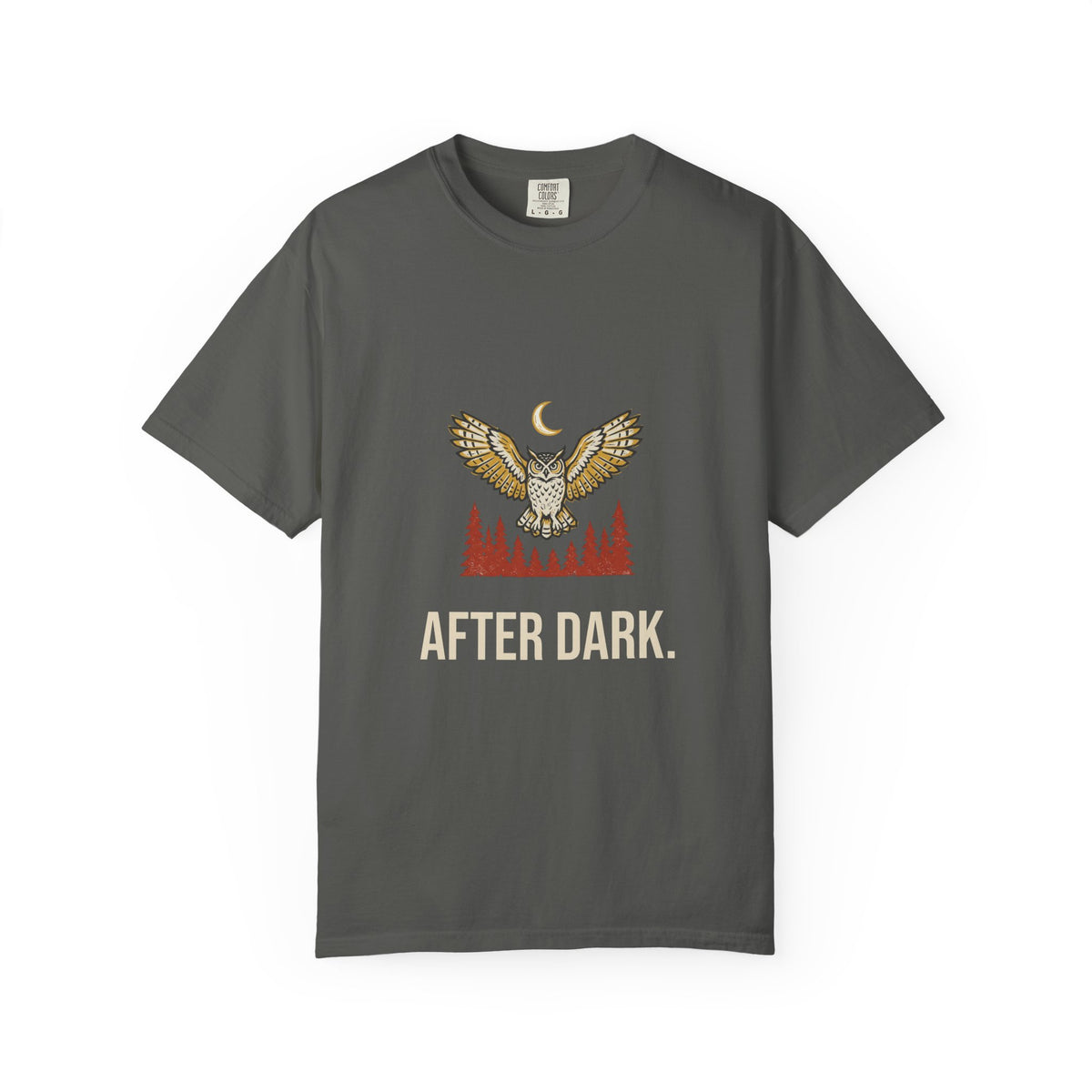 After Dark Owl Tee in Pepper, front view with a great horned owl over the pines under a crescent moon and the words 'After Dark.'