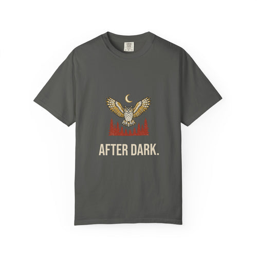 After Dark Owl Tee in Pepper, front view with a great horned owl over the pines under a crescent moon and the words 'After Dark.'
