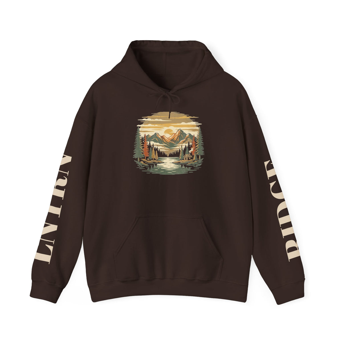 Mountain Lake Hoodie in Dark Chocolate, front view with a vintage mountain lake and evergreen graphic on the chest and lettering down the sleeves