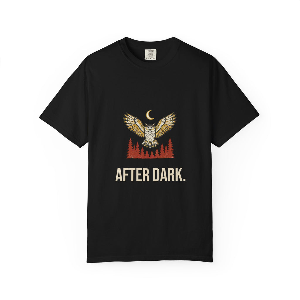 After Dark Owl Tee in Black, front view with a great horned owl over the pines under a crescent moon and the words 'After Dark.'