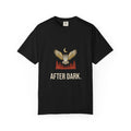 After Dark Owl Tee in Black, front view with a great horned owl over the pines under a crescent moon and the words 'After Dark.'