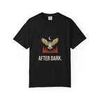 After Dark Owl Tee in Black, front view with a great horned owl over the pines under a crescent moon and the words 'After Dark.'