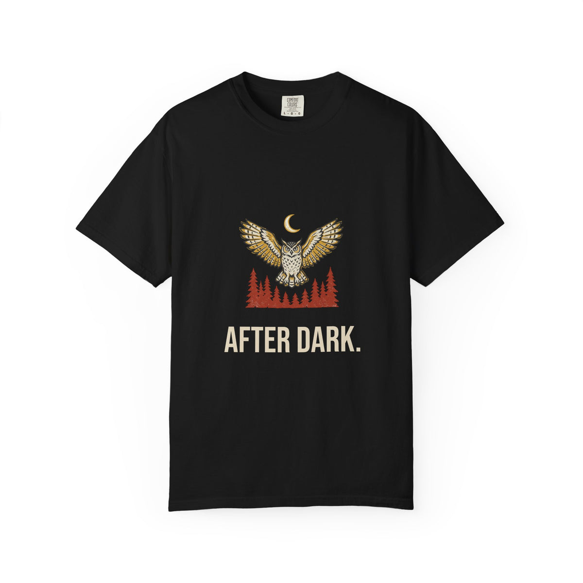 After Dark Owl Tee in Black, front view with a great horned owl over the pines under a crescent moon and the words 'After Dark.'