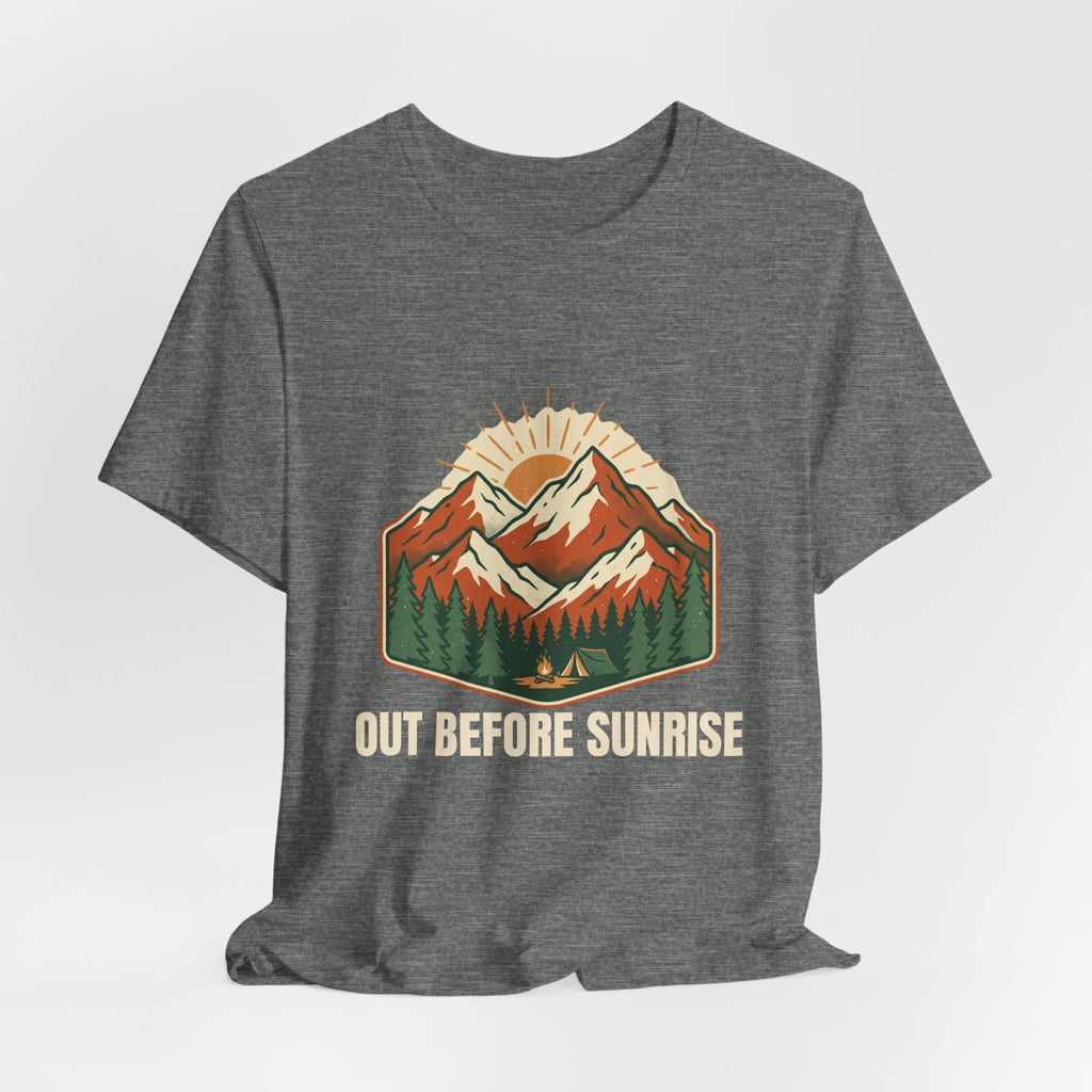 Deep Heather Mountain Sunrise Tee laid flat, showing the Out Before Sunrise graphic