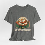 Deep Heather Mountain Sunrise Tee laid flat, showing the Out Before Sunrise graphic