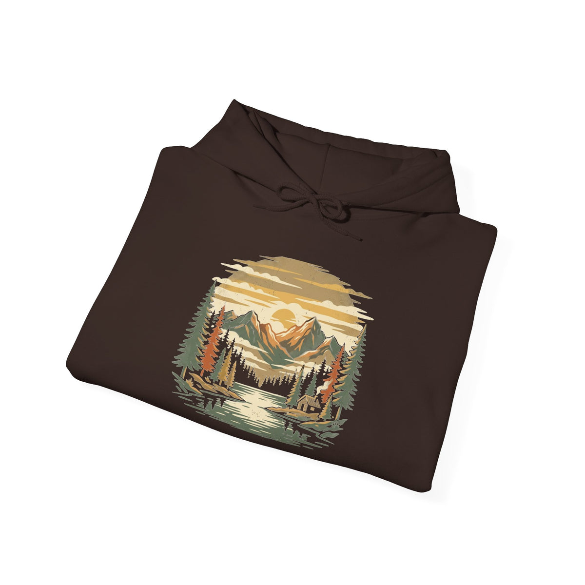 Dark Chocolate Mountain Lake Hoodie folded to show the mountain lake chest graphic
