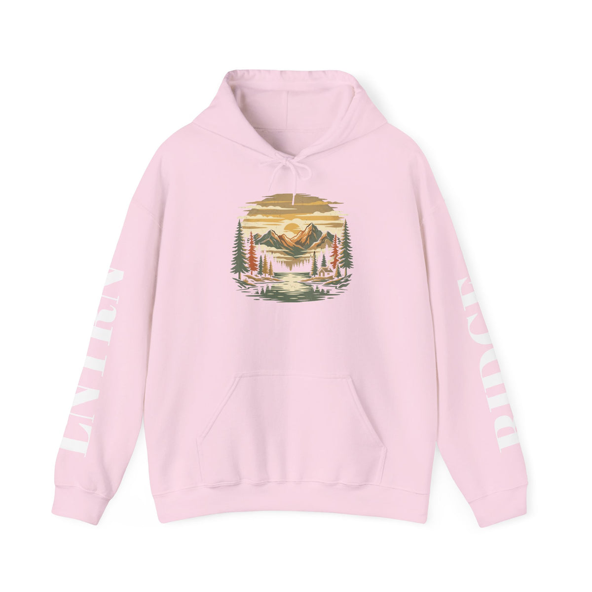 Mountain Lake Hoodie in Light Pink, front view with a vintage mountain lake and evergreen graphic on the chest and lettering down the sleeves