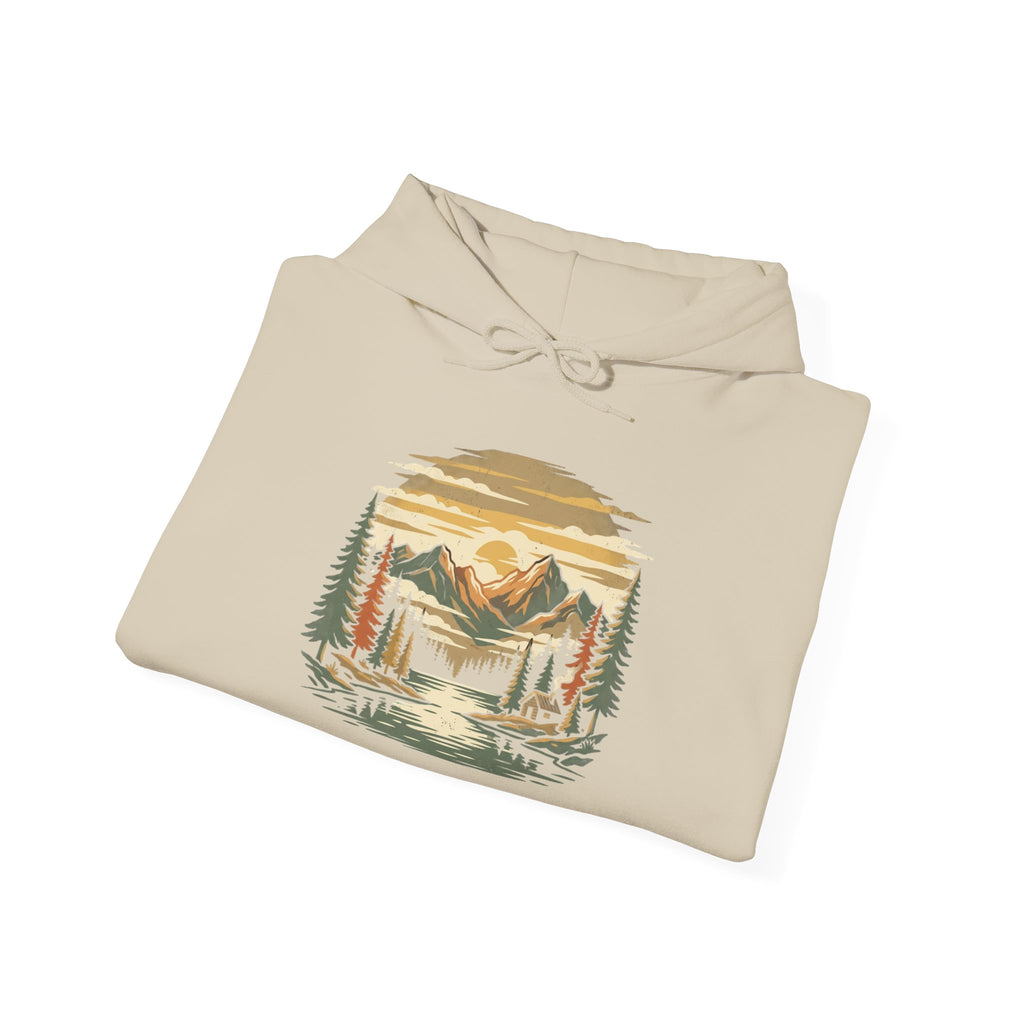 Sand Mountain Lake Hoodie folded to show the mountain lake chest graphic