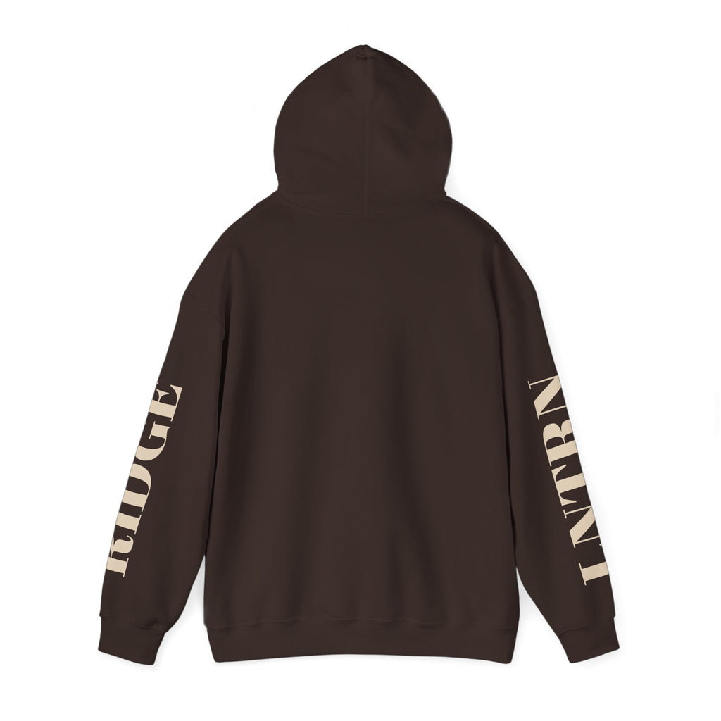 Back of the Dark Chocolate Mountain Lake Hoodie with the hood up