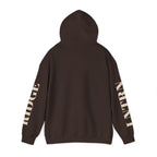 Back of the Dark Chocolate Mountain Lake Hoodie with the hood up