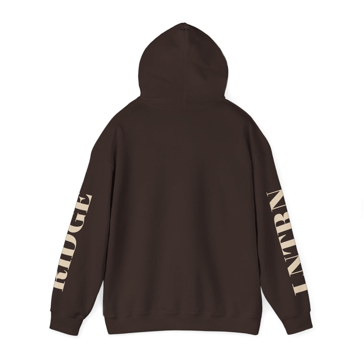 Back of the Dark Chocolate Mountain Lake Hoodie with the hood up