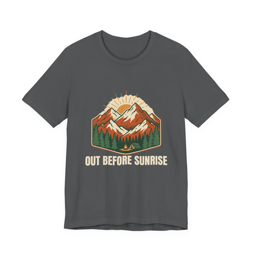 Mountain Sunrise Tee in Asphalt, front view with a retro mountain sunrise and evergreen graphic above the words 'Out Before Sunrise'