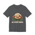 Mountain Sunrise Tee in Asphalt, front view with a retro mountain sunrise and evergreen graphic above the words 'Out Before Sunrise'