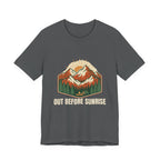 Mountain Sunrise Tee in Asphalt, front view with a retro mountain sunrise and evergreen graphic above the words 'Out Before Sunrise'