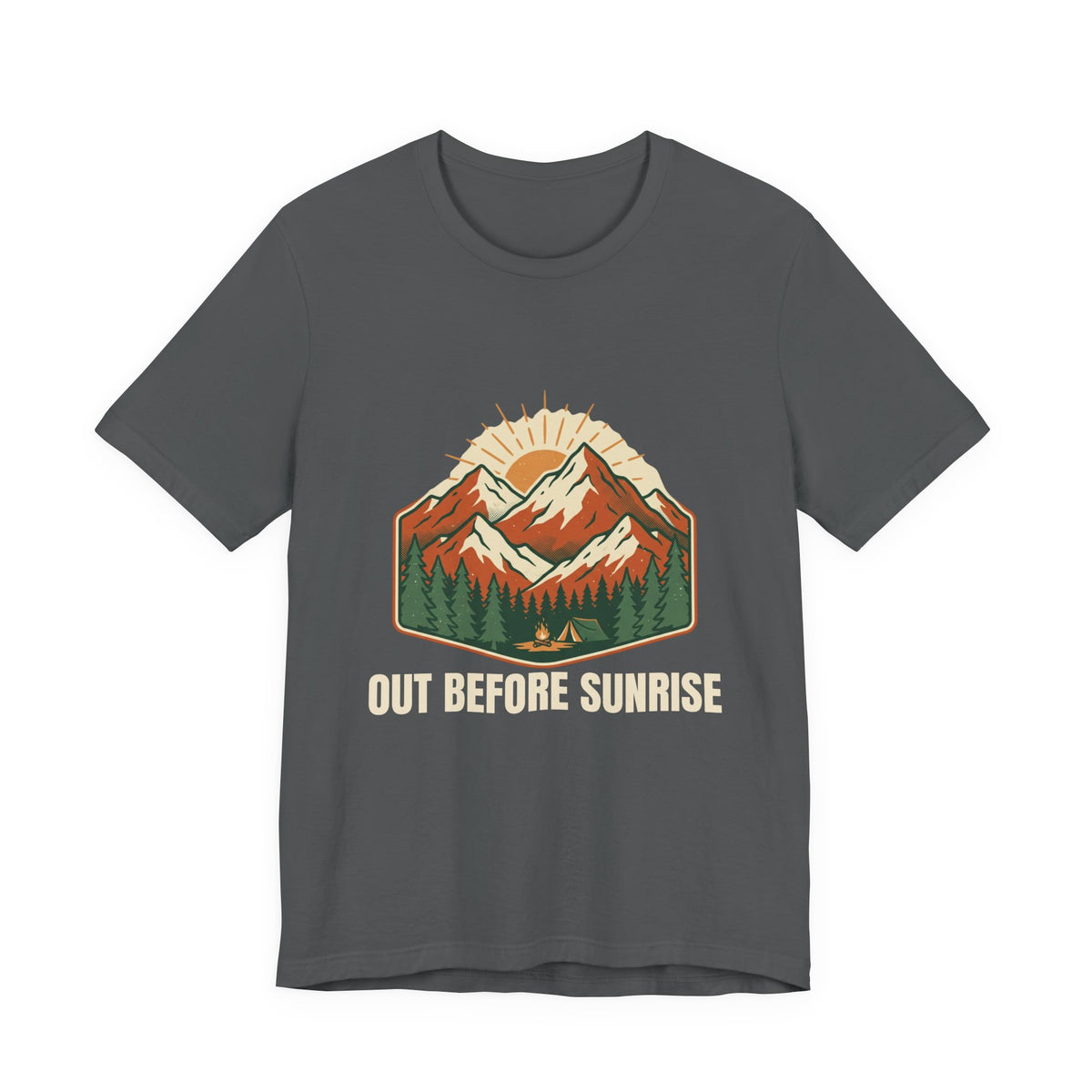Mountain Sunrise Tee in Asphalt, front view with a retro mountain sunrise and evergreen graphic above the words 'Out Before Sunrise'
