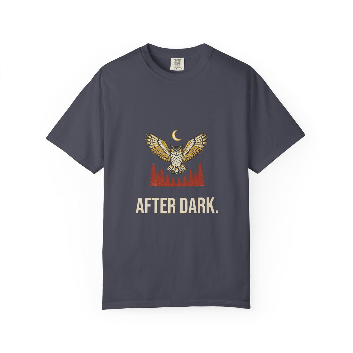 After Dark Owl Tee in Navy, front view with a great horned owl over the pines under a crescent moon and the words 'After Dark.'