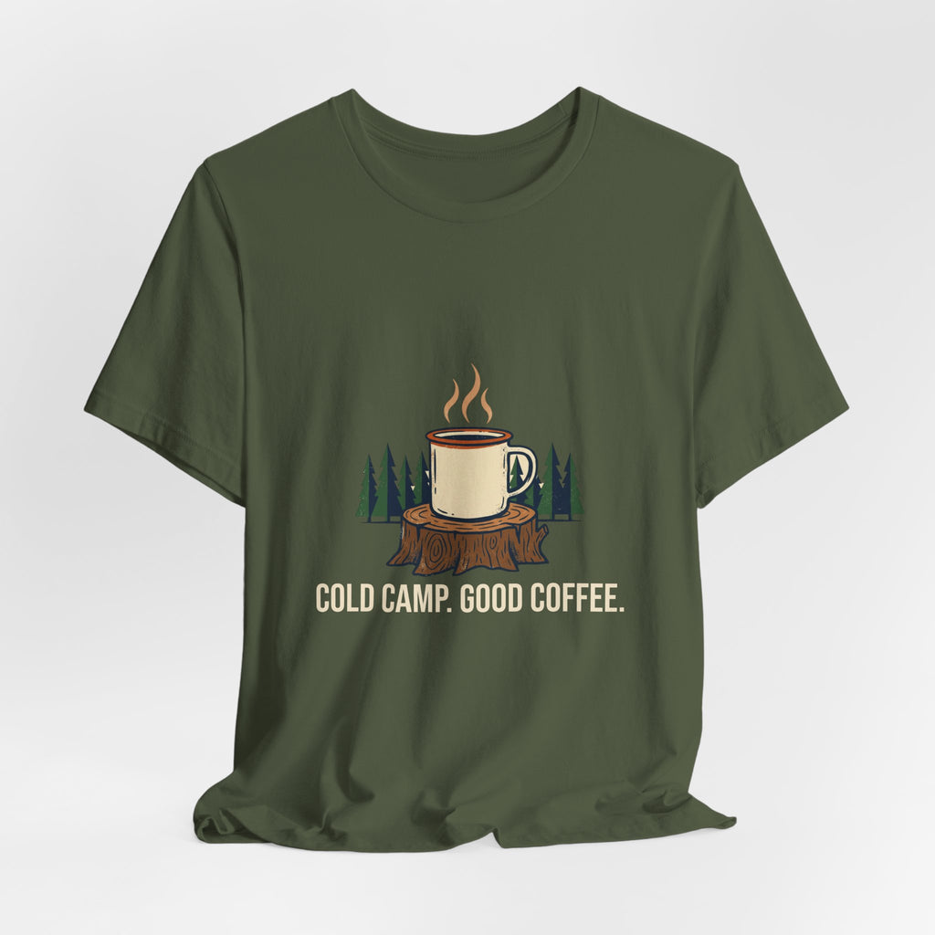 Military Green Cold Camp, Good Coffee Tee laid flat