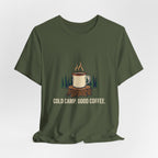 Military Green Cold Camp, Good Coffee Tee laid flat