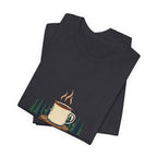 Dark Grey Cold Camp, Good Coffee Tee folded to show the coffee mug graphic