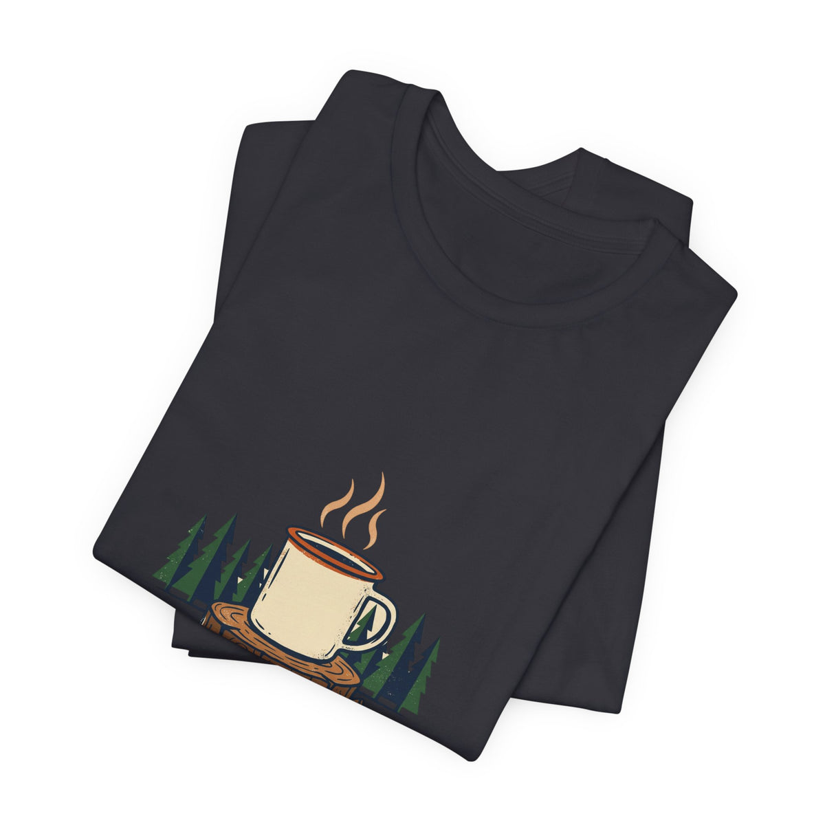 Dark Grey Cold Camp, Good Coffee Tee folded to show the coffee mug graphic