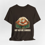 Brown Mountain Sunrise Tee laid flat, showing the Out Before Sunrise graphic
