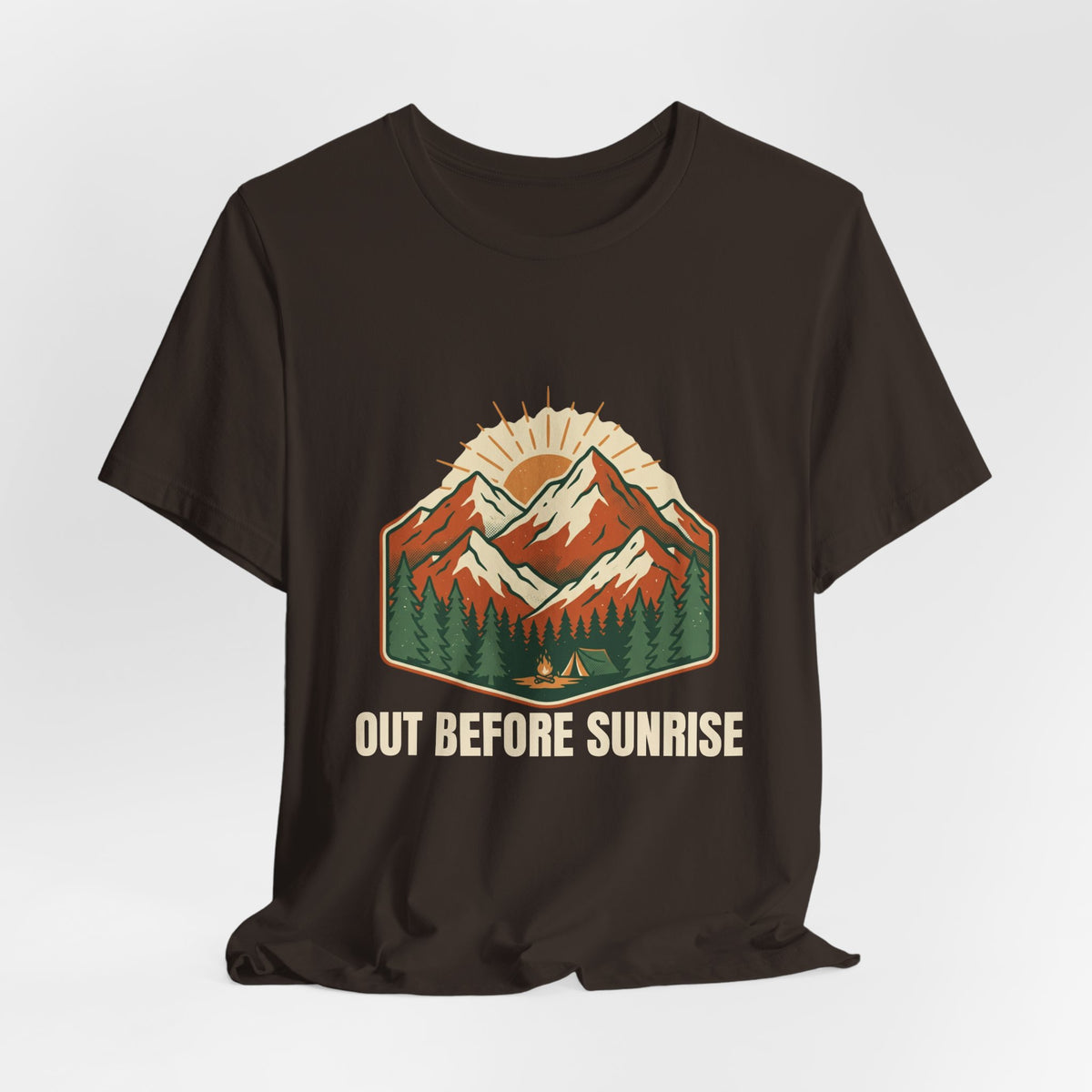 Brown Mountain Sunrise Tee laid flat, showing the Out Before Sunrise graphic
