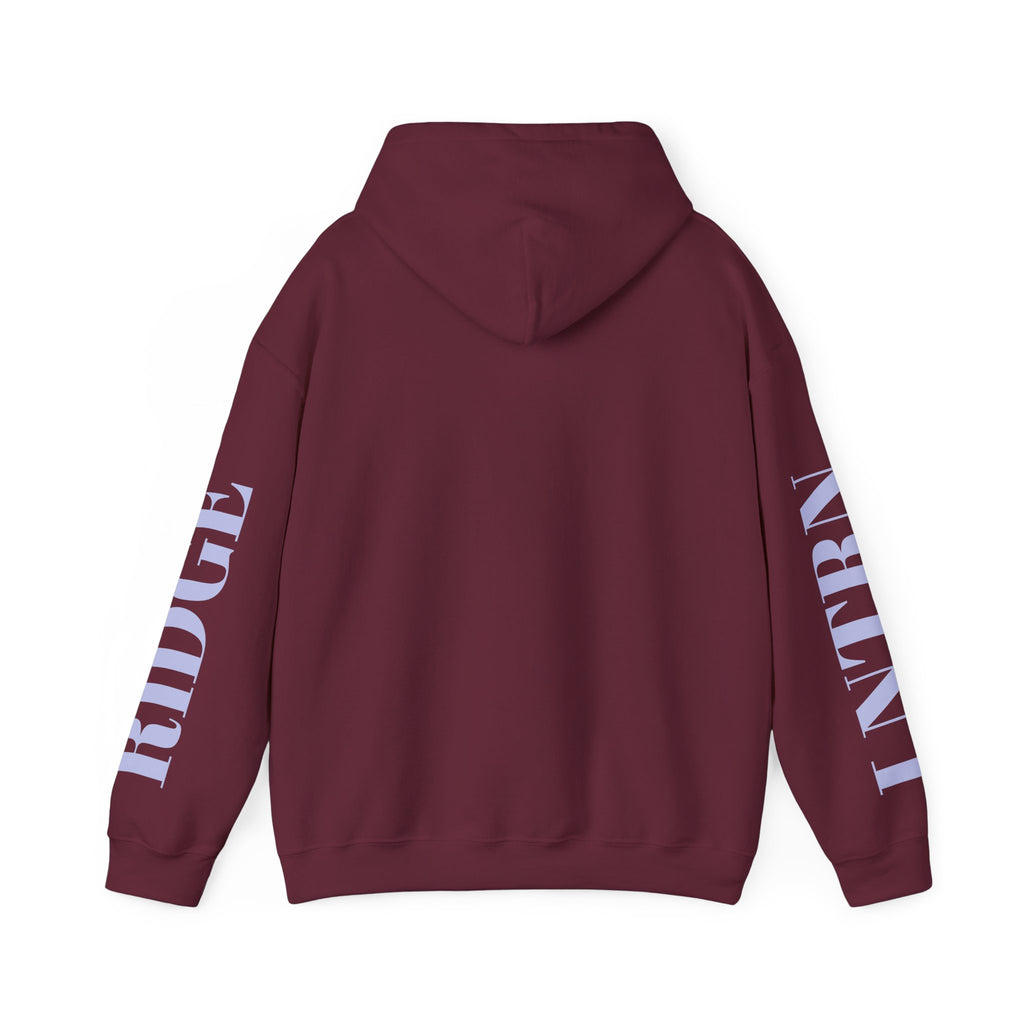 Back of the Maroon Mountain Lake Hoodie, showing the lettering down both sleeves
