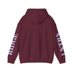 Back of the Maroon Mountain Lake Hoodie, showing the lettering down both sleeves