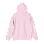 Back of the Light Pink Mountain Lake Hoodie with the hood up