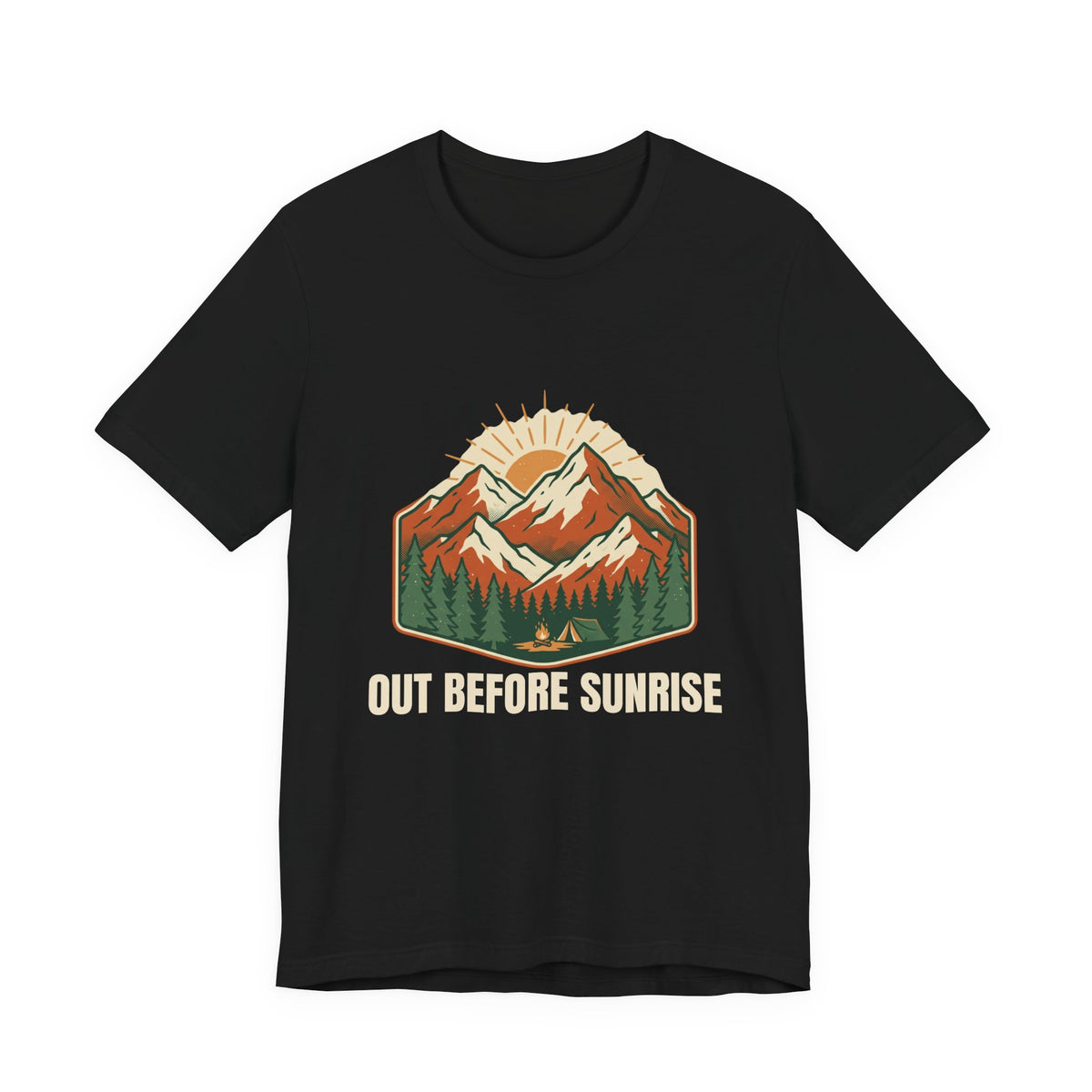 Mountain Sunrise Tee in Black, front view with a retro mountain sunrise and evergreen graphic above the words 'Out Before Sunrise'