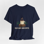 Navy Cold Camp, Good Coffee Tee laid flat