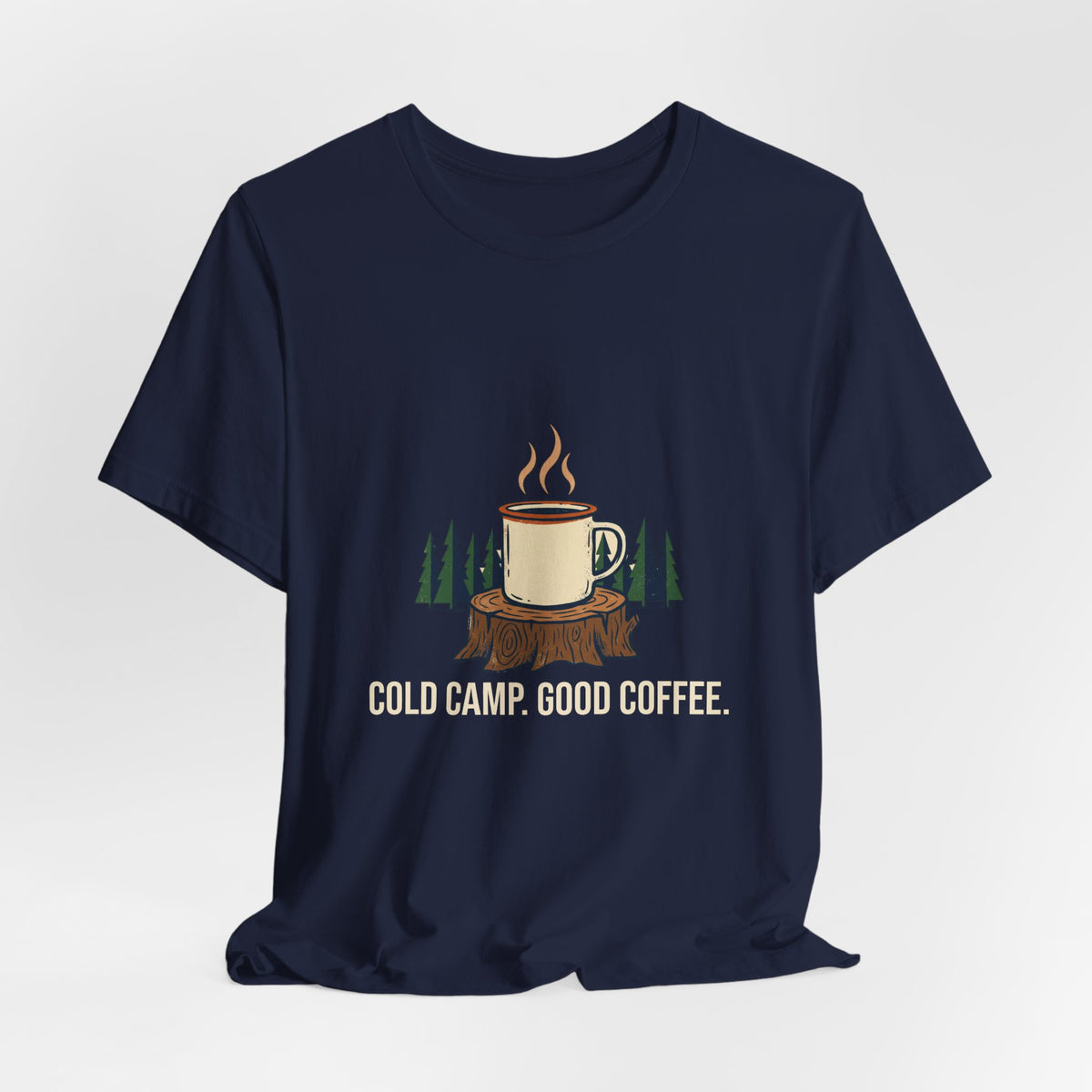 Navy Cold Camp, Good Coffee Tee laid flat