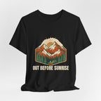 Black Mountain Sunrise Tee laid flat, showing the Out Before Sunrise graphic