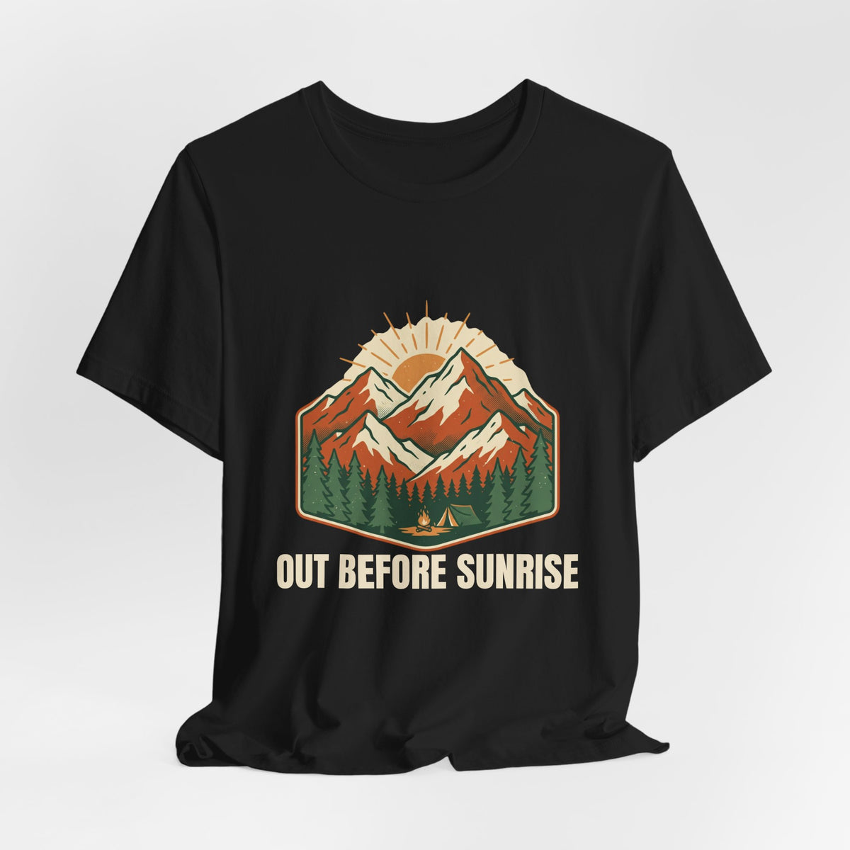 Black Mountain Sunrise Tee laid flat, showing the Out Before Sunrise graphic