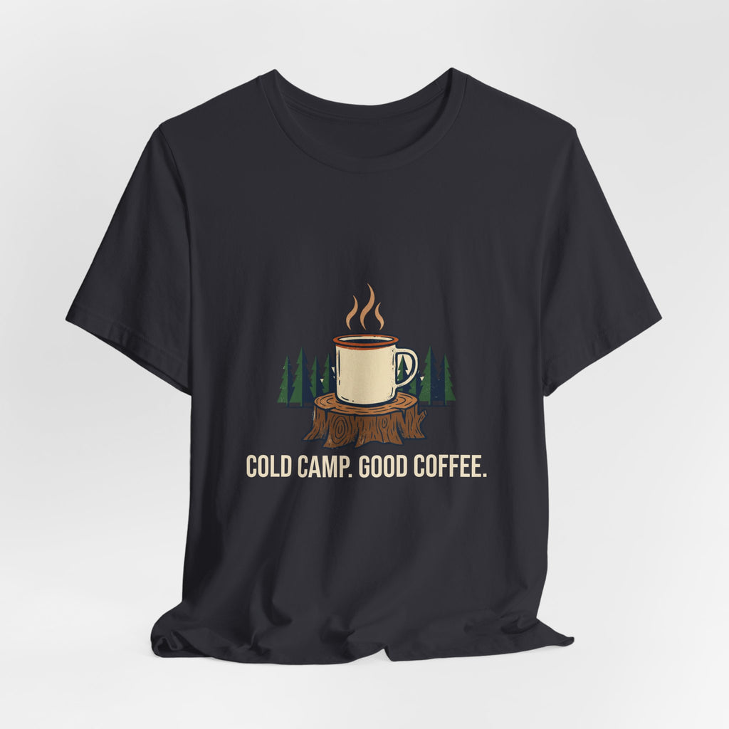 Dark Grey Cold Camp, Good Coffee Tee laid flat