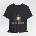 Dark Grey Cold Camp, Good Coffee Tee laid flat