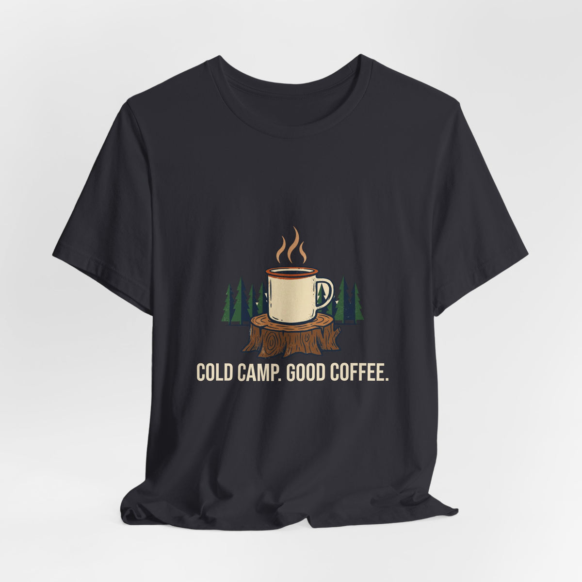 Dark Grey Cold Camp, Good Coffee Tee laid flat