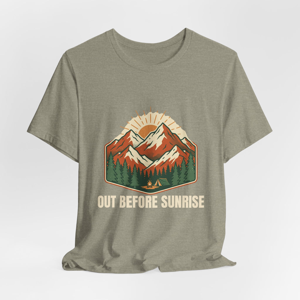 Heather Stone Mountain Sunrise Tee laid flat, showing the Out Before Sunrise graphic