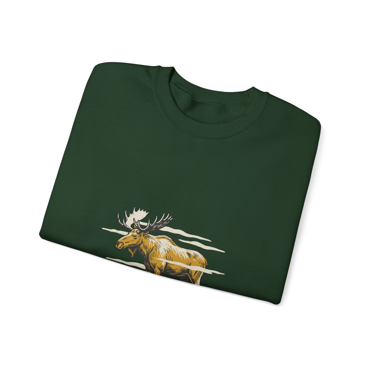Forest Green North Woods Moose Crewneck folded to show the moose graphic