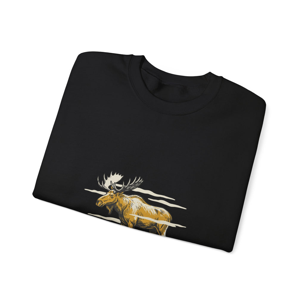 Black North Woods Moose Crewneck folded to show the moose graphic