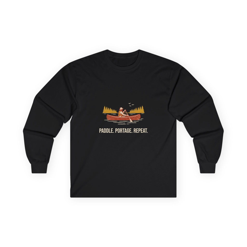 Paddle Portage Long Sleeve Tee in Black, front view with a canoe paddler graphic above the words 'Paddle. Portage. Repeat.'