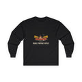 Paddle Portage Long Sleeve Tee in Black, front view with a canoe paddler graphic above the words 'Paddle. Portage. Repeat.'