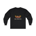 Paddle Portage Long Sleeve Tee in Black, front view with a canoe paddler graphic above the words 'Paddle. Portage. Repeat.'