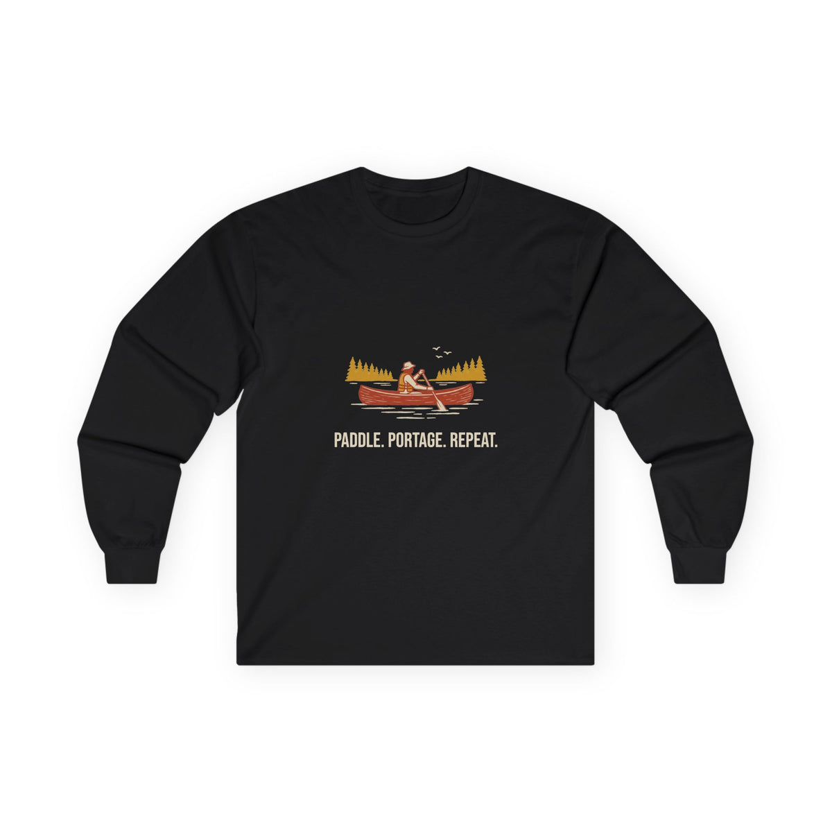 Paddle Portage Long Sleeve Tee in Black, front view with a canoe paddler graphic above the words 'Paddle. Portage. Repeat.'