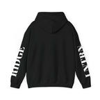 Back of the Black Mountain Lake Hoodie, showing the lettering down both sleeves
