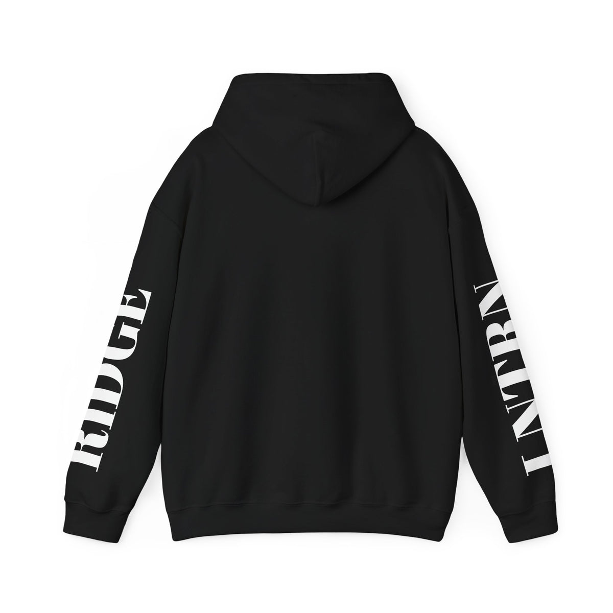 Back of the Black Mountain Lake Hoodie, showing the lettering down both sleeves